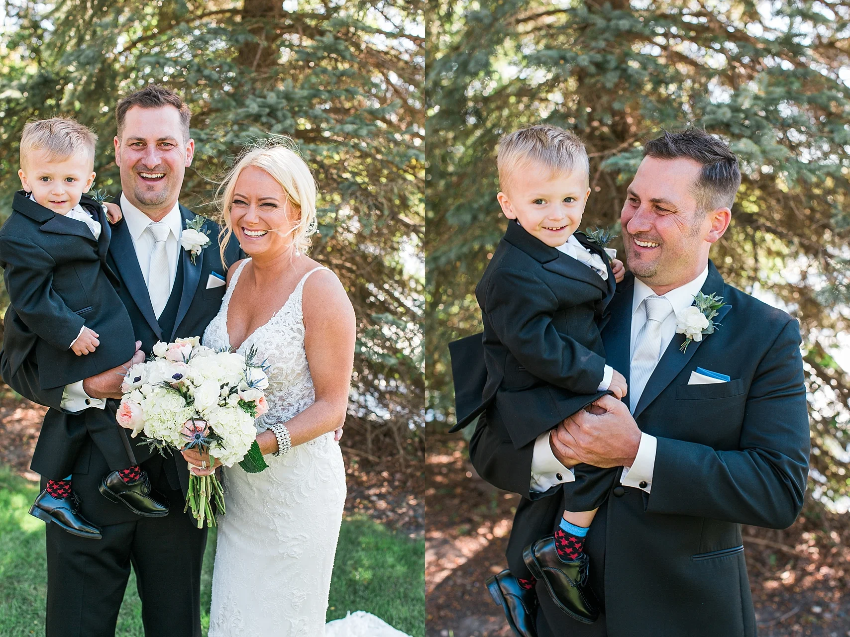 Bride groom and son wedding portrait on wedding day at the Chart House Summer Wedding Lakeville Minnesota Minneapolis Wedding Photographer Mallory Kiesow