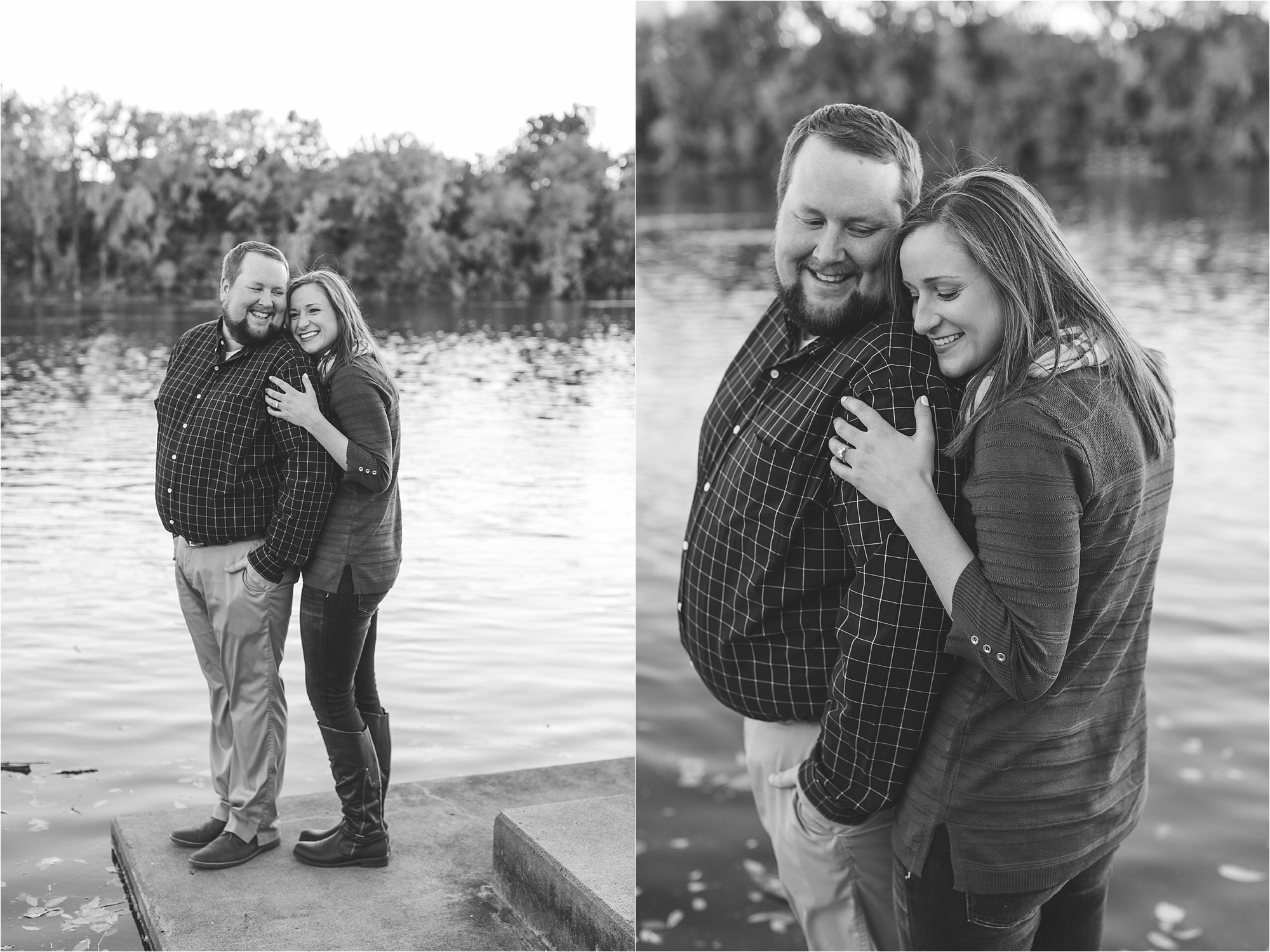 Engaged couple embracing in black and white photographs along riverside in Minneapolis at Boom Island Park in Minneapolis Mallory Kiesow Photography