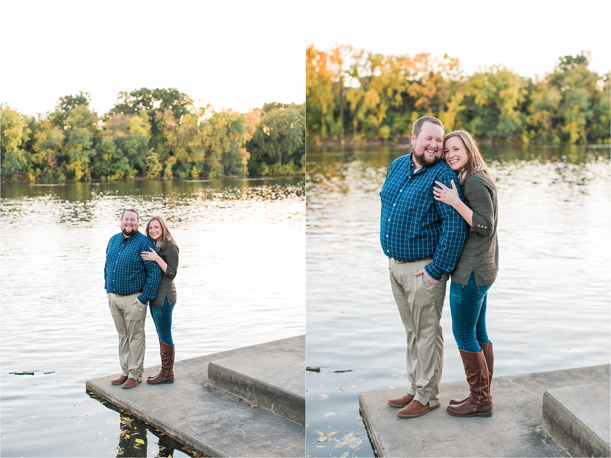 Engaged couple embracing in front of water with Minneapolis city skyline in the background at Boom Island Park in Minneapolis Mallory Kiesow Photography