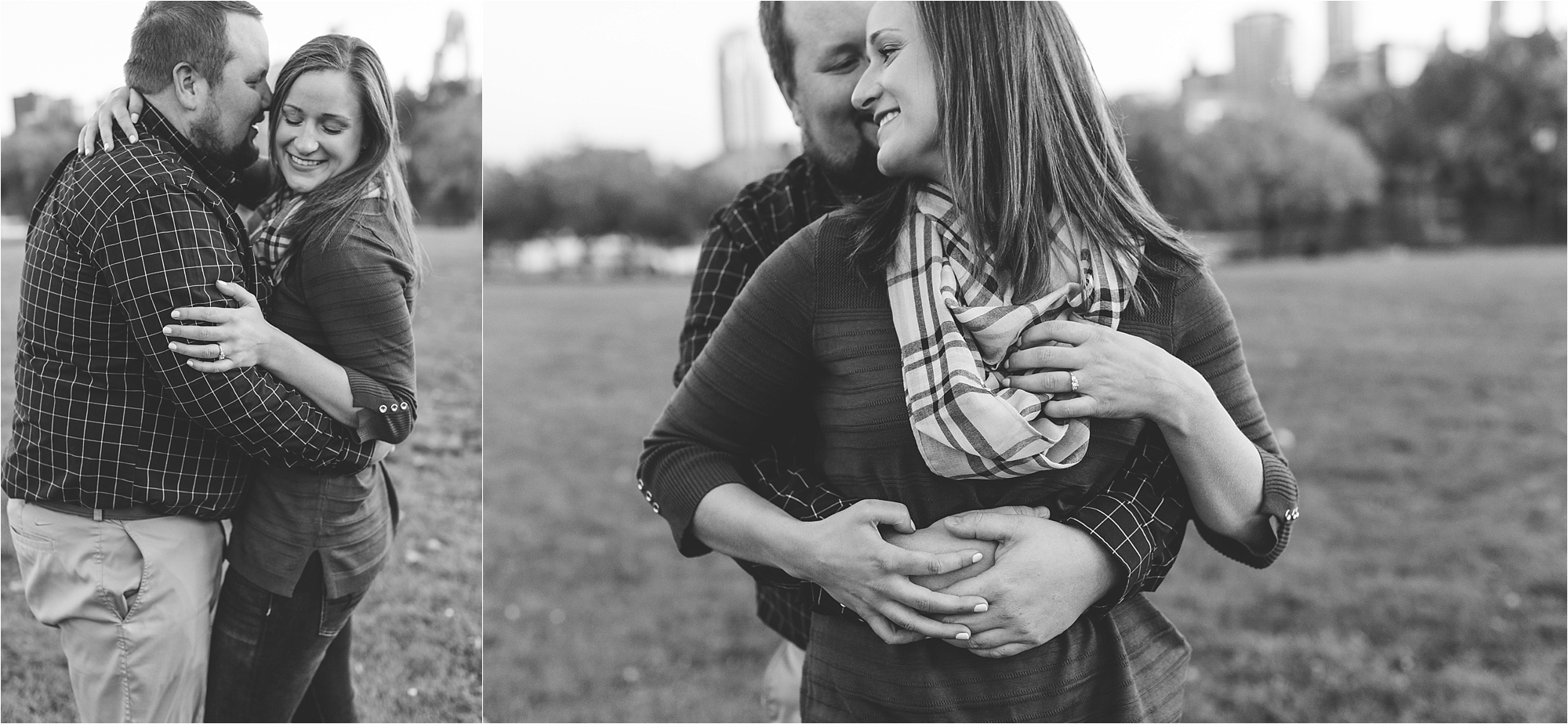 Engaged couple black and white photos in Minneapolis city skyline in the background at Boom Island Park in Minneapolis Mallory Kiesow Photography