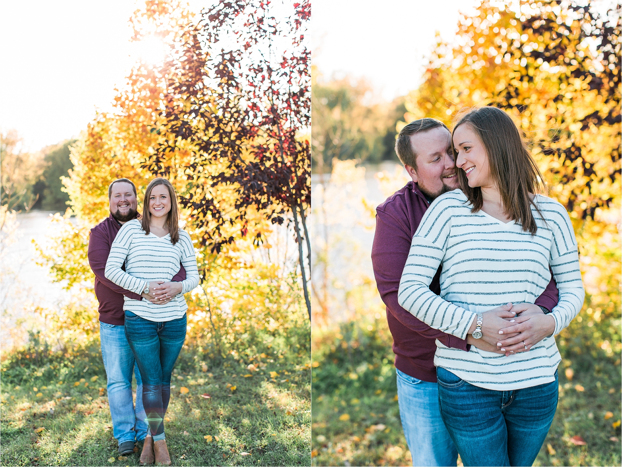 Engaged couple in Minneapolis fall engagement session in front of colorful fall trees