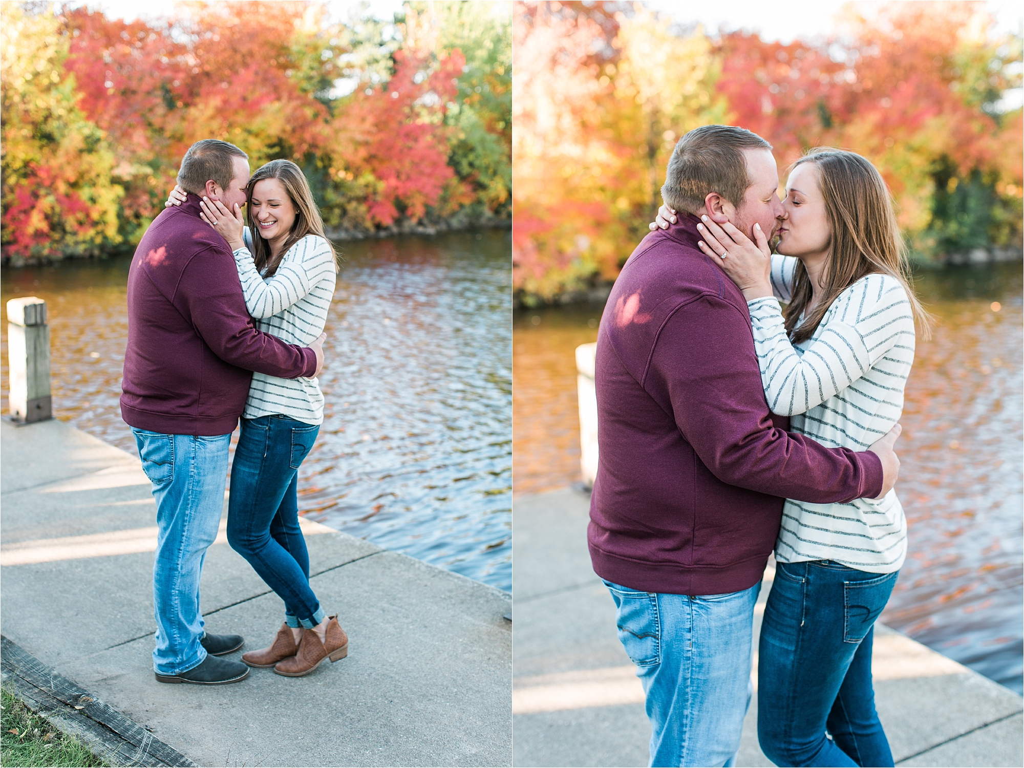 Engaged couple embracing along riverside in Minneapolis fall engagement session at Boom Island Park in Minneapolis