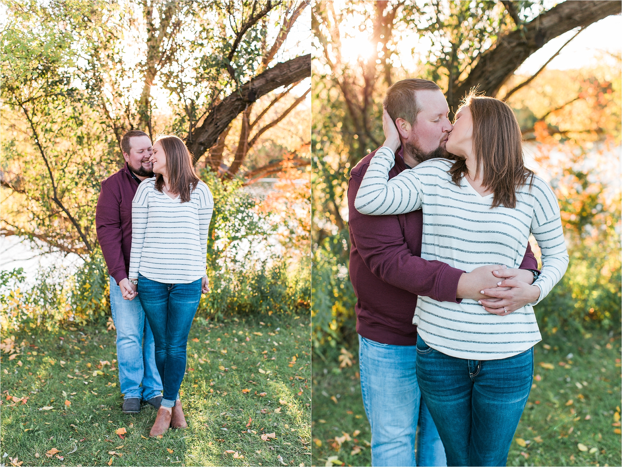 Engaged couple in front of colorful fall treesat Minneapolis Fall engagement session at Boom Island Park in Minneapolis photographed by Mallory Kiesow
