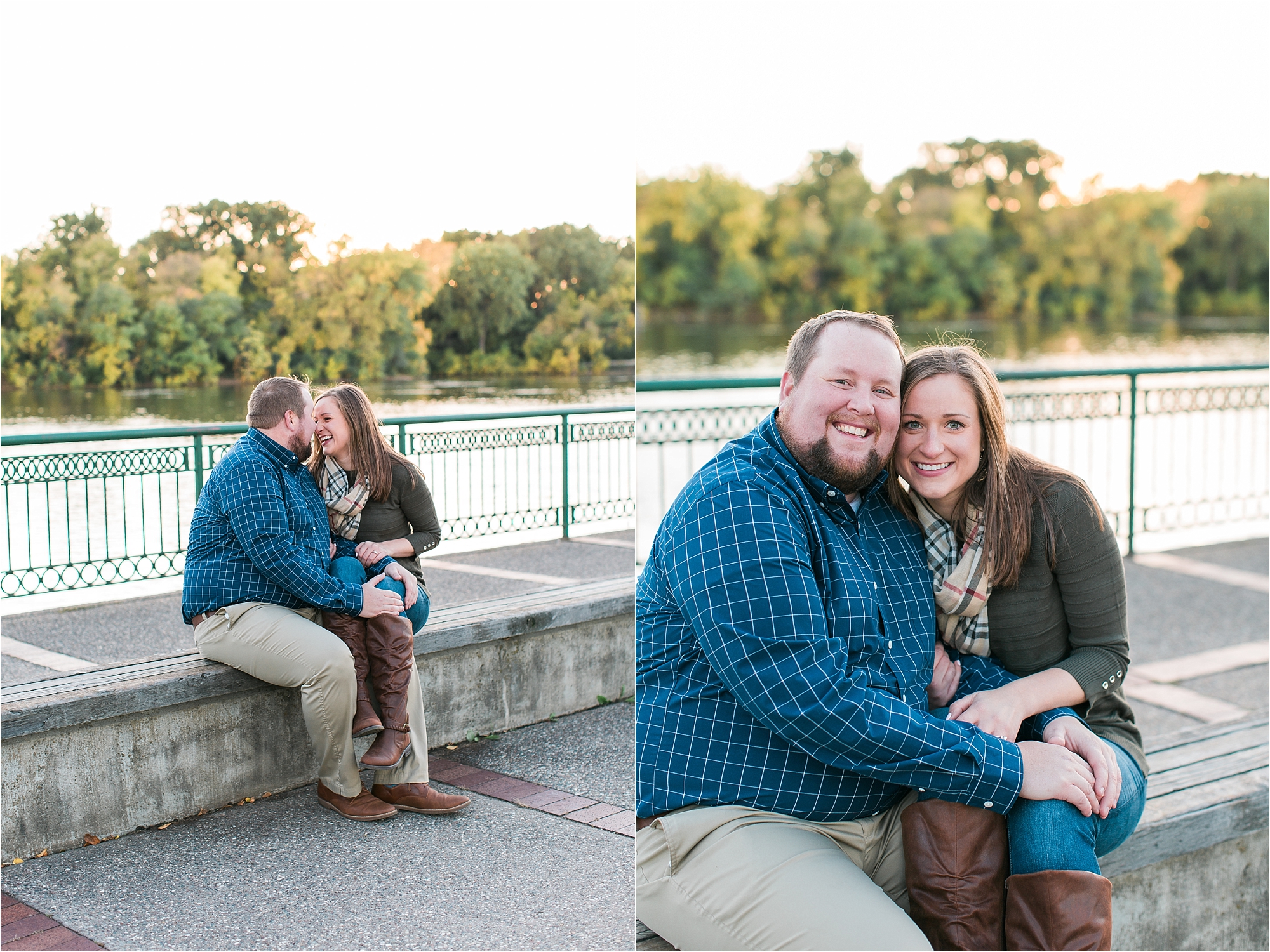 Engaged couple sitting for fall engagement session along riverside in Minneapolis at Boom Island Park in Minneapolis Mallory Kiesow Photography