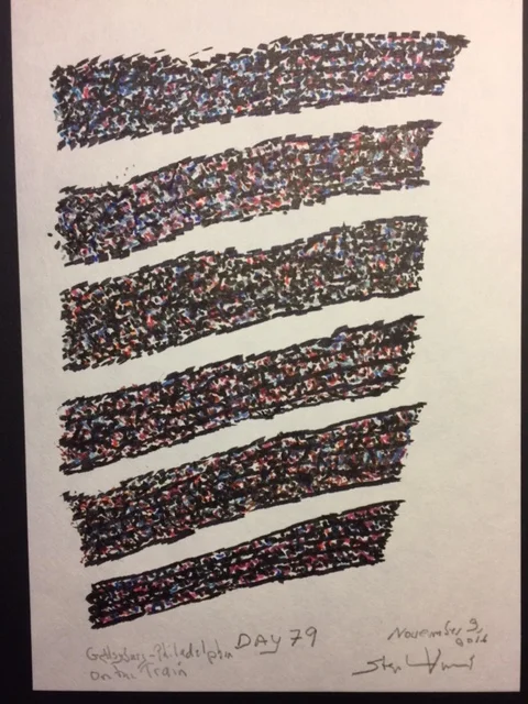 Evening Train from Harrisburg to Philadelphia, Pennsylvania 8:30 - 10:30, Wednesday, October 31, 2016 The Last 100 Days of the Presidency of Barack Obama The tracks are on unstable beds; the shaking train, block by block, taps out its own drawing. The lightly held pens are irrepressible. At mid-day in Gettysburg I was guided through what can only be called killing fields . Up, down and across one field or hill after another my park guide layers up one story on top of another. The dead young bodies are unevenly stacked, criss crossed like the angled stake fences that occasionally border the local lands. To this day the park rangers and archeologists continue to dig up bones and rebury whoever it is with some military dignity. There are those who insist on the presence of ghosts. They want to lead nocturnal tours. The Park Service will not recognize them as professionals and refuses to them license. The Park Service will only honor the verifiable. The guide continues. It is a three-day battle. I learn of the deadly perils of bad strategy, vanity and occasional exception of an act compassion. Taking a hill is advantage. With a good cannon an 8-pound ball can travel up to a mile. When there are too many canons the air is so thick with smoke no one can see a target. Taking hills makes for hand-to-hand combat, the clang of bayonets, more shrieks and dead bodies. Hill to hill, there are statues commemorating, specific battles, one State brigade after another. The defeated south was slow to raise money to create memorials. In 1938 the Cemetery had an event to reconcile both sides. Thousands of the now elderly veterans attended. In the war there were some heroic generals and some not. A northern commander disobeyed; he did not hold his hill and made stupid decisions. Many of his men were slaughtered. He took a cannon ball to the knee, He took home his amputated leg; he skinned and pickled it in whiskey. He carried it forever in a special case as a kind of trophy. The troops that survived his command hated him. When the battle was over, it took months for the remaining locals to bury the bodies. The stench from the rotting dead could be smelled for long distances. Occasionally a statue of Clio, the goddess of history, her white stone pen and tablet in hand, rises up over one of the memorials. I am not quite sure why she is always made to look pretty. My guide was not that version of Clio. As far as I can tell, in less than two hours, with robotic intensity she has told me America’s deepest and most irredeemable story of its first Hell.