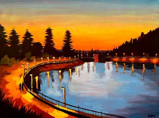 Not even dry yet! Mt Tabor Reservoir ❤️ How many of you have jogged, walked or just stood to catch your breath at the top of the stairs enjoying this view. #mttabor #iambibby #artistoninstagram #oilpaintings #pnw #oregon #portland