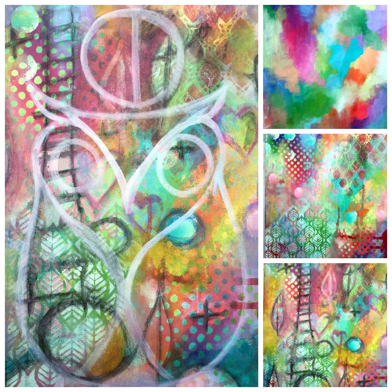 The "Painting Made Easy" process: building a rich background and outlining a simple subject that fills the whole canvas...