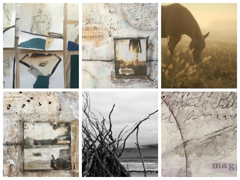 Student art from Lesson 2 "Embracing Contrast": 2 minutes collage, photography and mixed media paintings by (from top left): Rana Wilson, Kathy Mc Gowan, Wind Gypsy, Ivy Newport, Chris Burton and D Loren Prince.