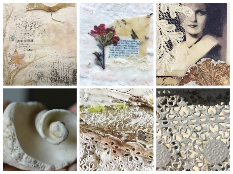 Student art from Lesson 3 "Catching Light with Texture": Encaustic art and photography by (from top left): Freya Perry, Carol Macdonald, Janet Reid, Denise Kozikowski, Géraldine Deleuze and Sophie Kerdellant.