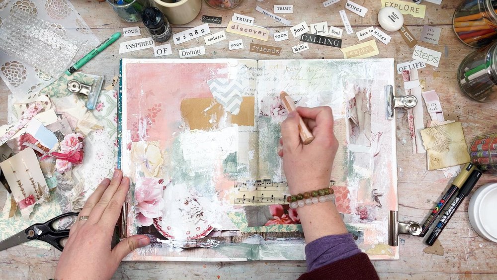 art journal class workshop for mixed media collage, painting, drawing, art  inspiration & creativity — Whitney Design Studios
