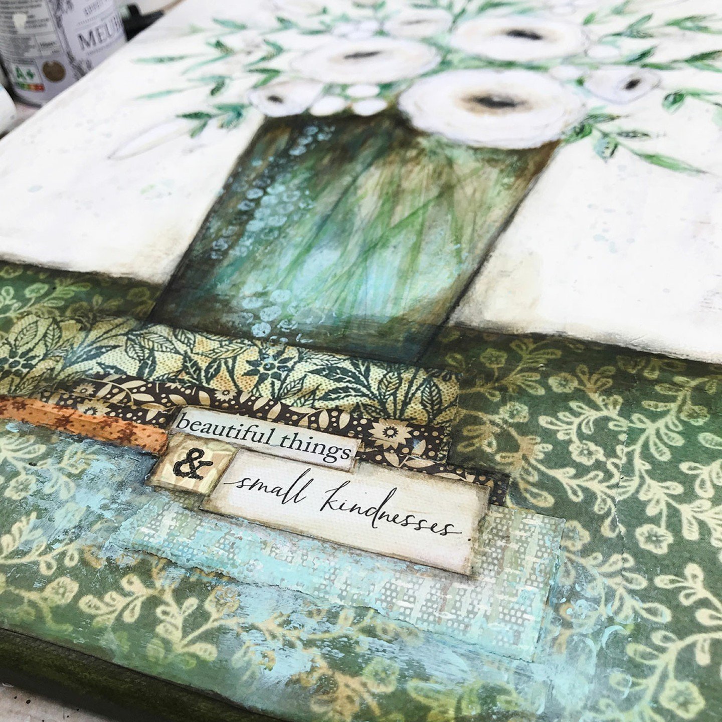 I just can't seem to paint a painting without adding words to it... Sometimes they're hidden in the under-layers, in the form of book-pages or journaling. And very often, they turn up at the end of the process, to bring the story together and add a l