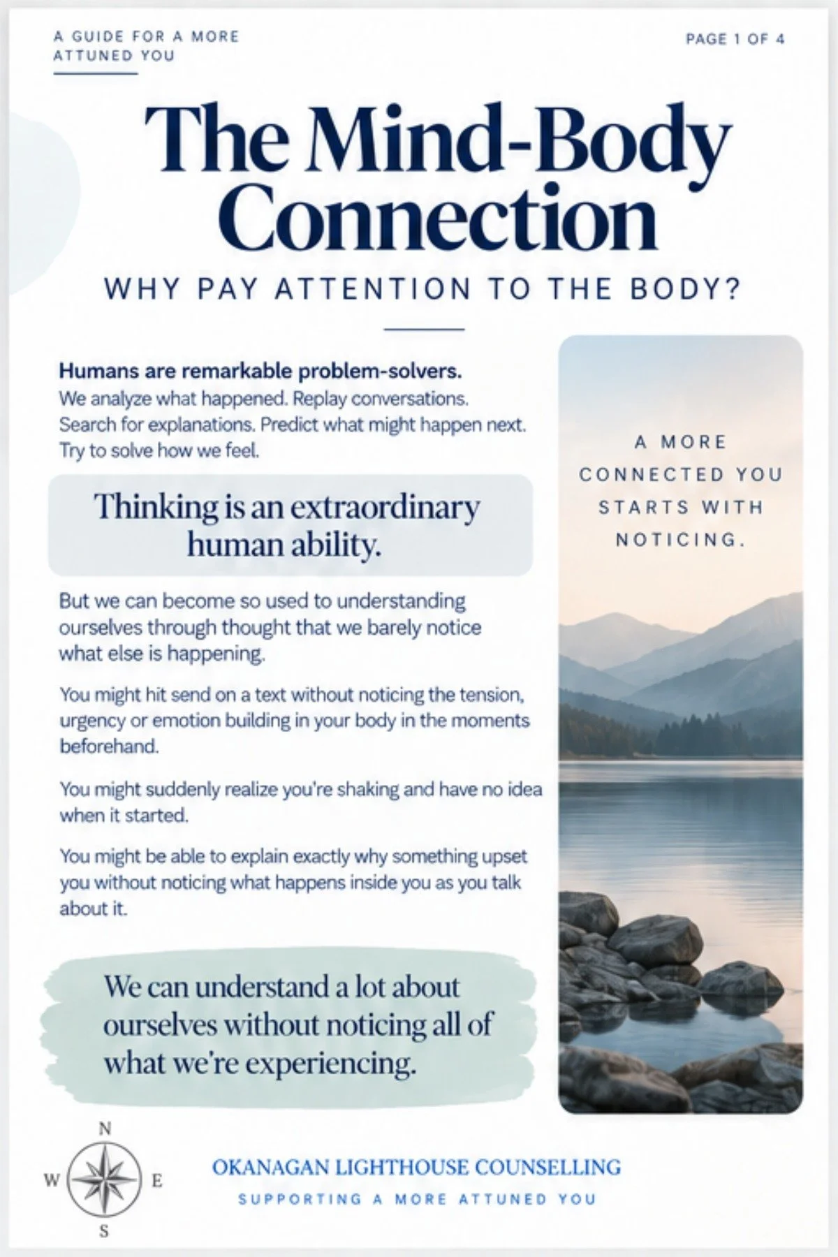 Learn about the mind-body connection and why therapists pay attention to physical sensations, emotions, and body signals. This free evidence informed guide explains how body awareness can support greater understanding of your patterns and experiences