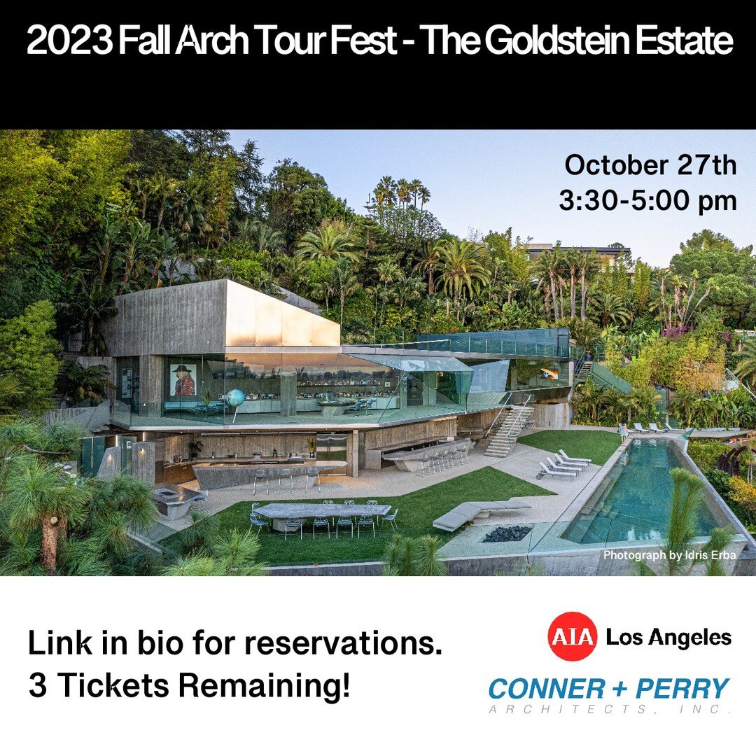 Only 3 tickets left at the 3:30 time slot for the tour of the Goldstein Estate! Part of @aia_la Fall Arch Tour Fest 2023. Link in Bio
.
.
.
.
Photo Credit @idriserba 
#sheatsgoldstienresidence #clubjames #architecture #architecturetour #organicarchit