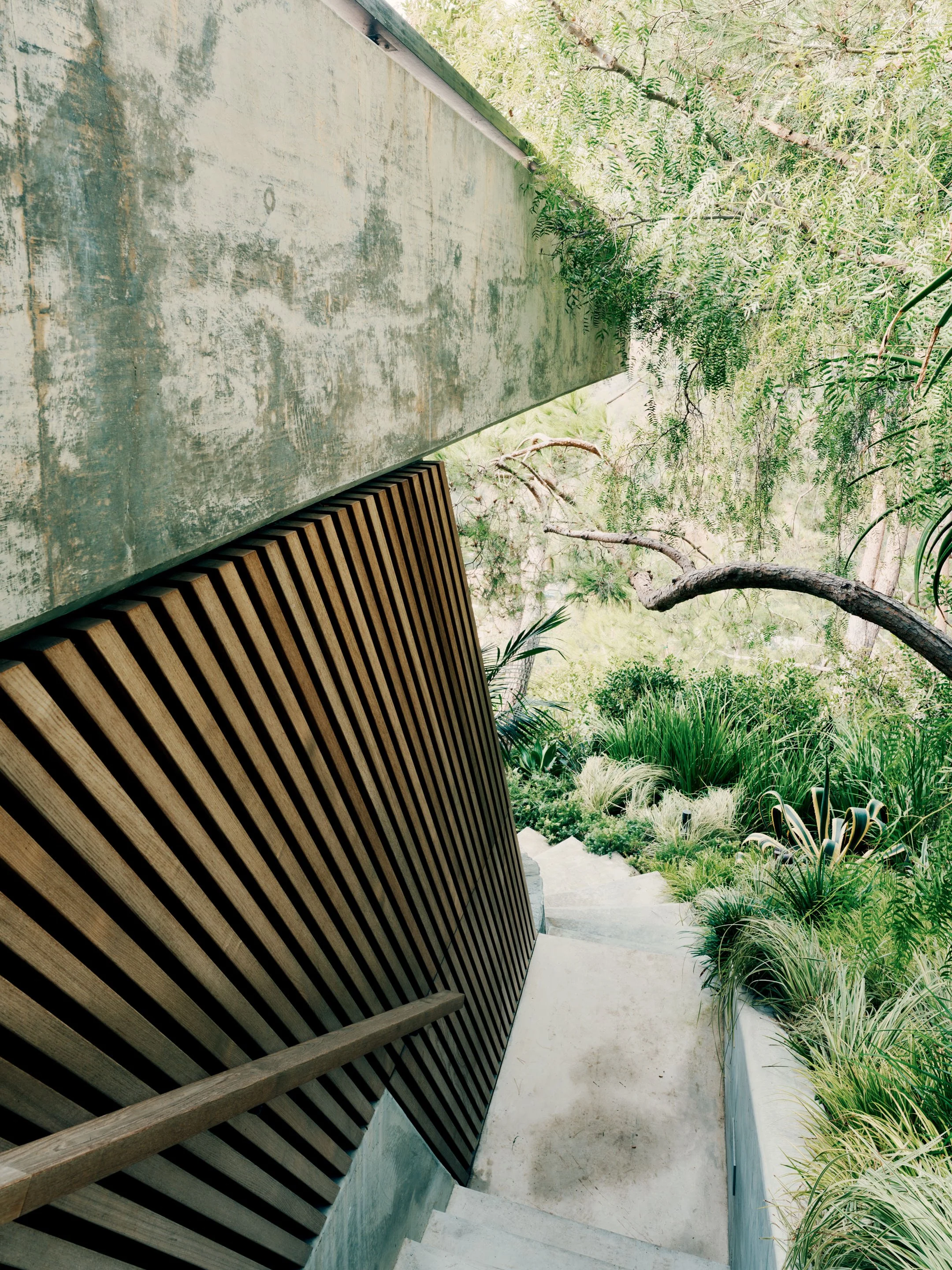 A new concrete staircase with a custom vertical wood slat screen designed by Conner + Perry Architects to conceal pool mechanical equipment at Lautner’s Castle. The path leads down toward the hidden fire pit deck.