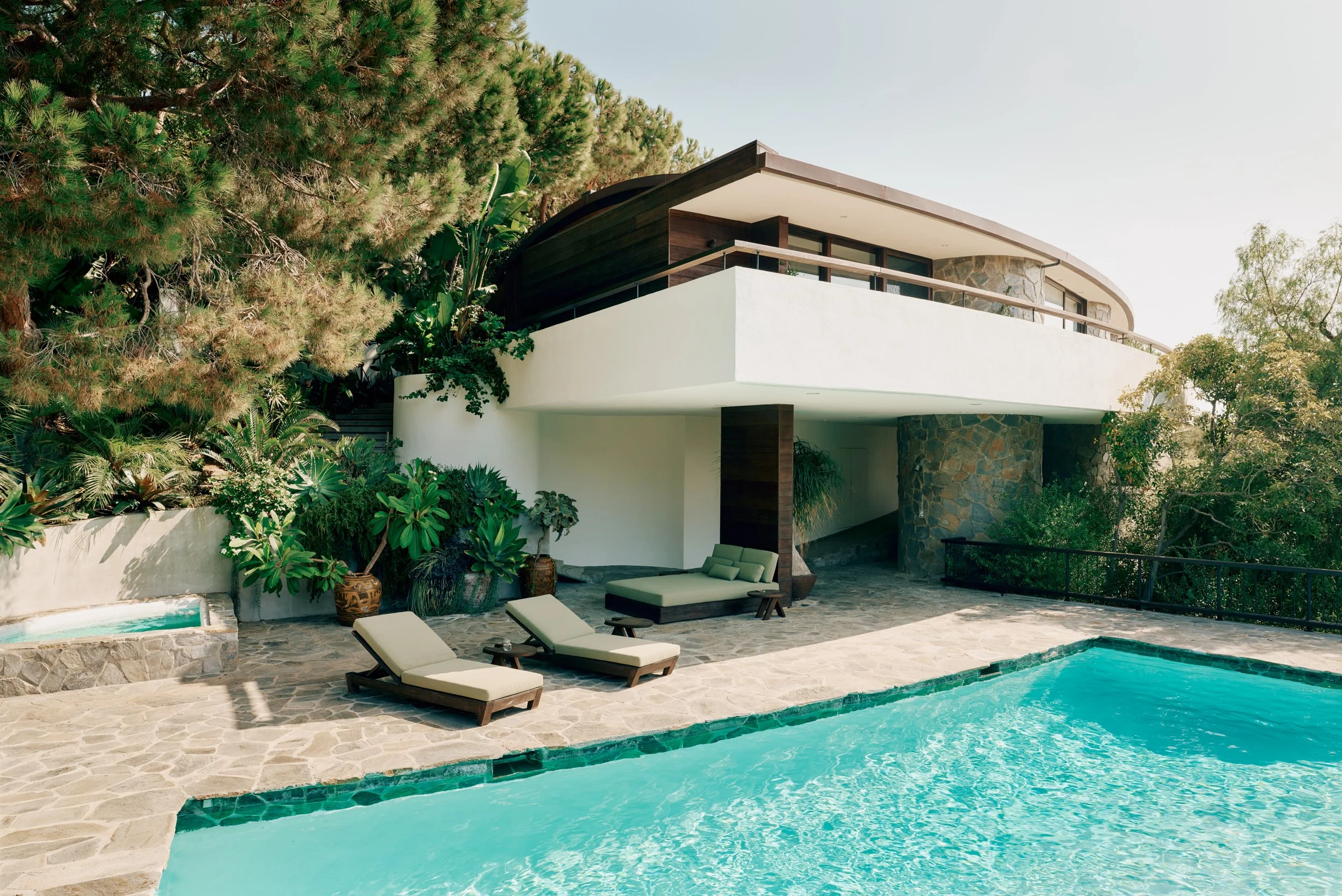 View from Bouquet Canyon Stone Pool Deck to Lautner Castle