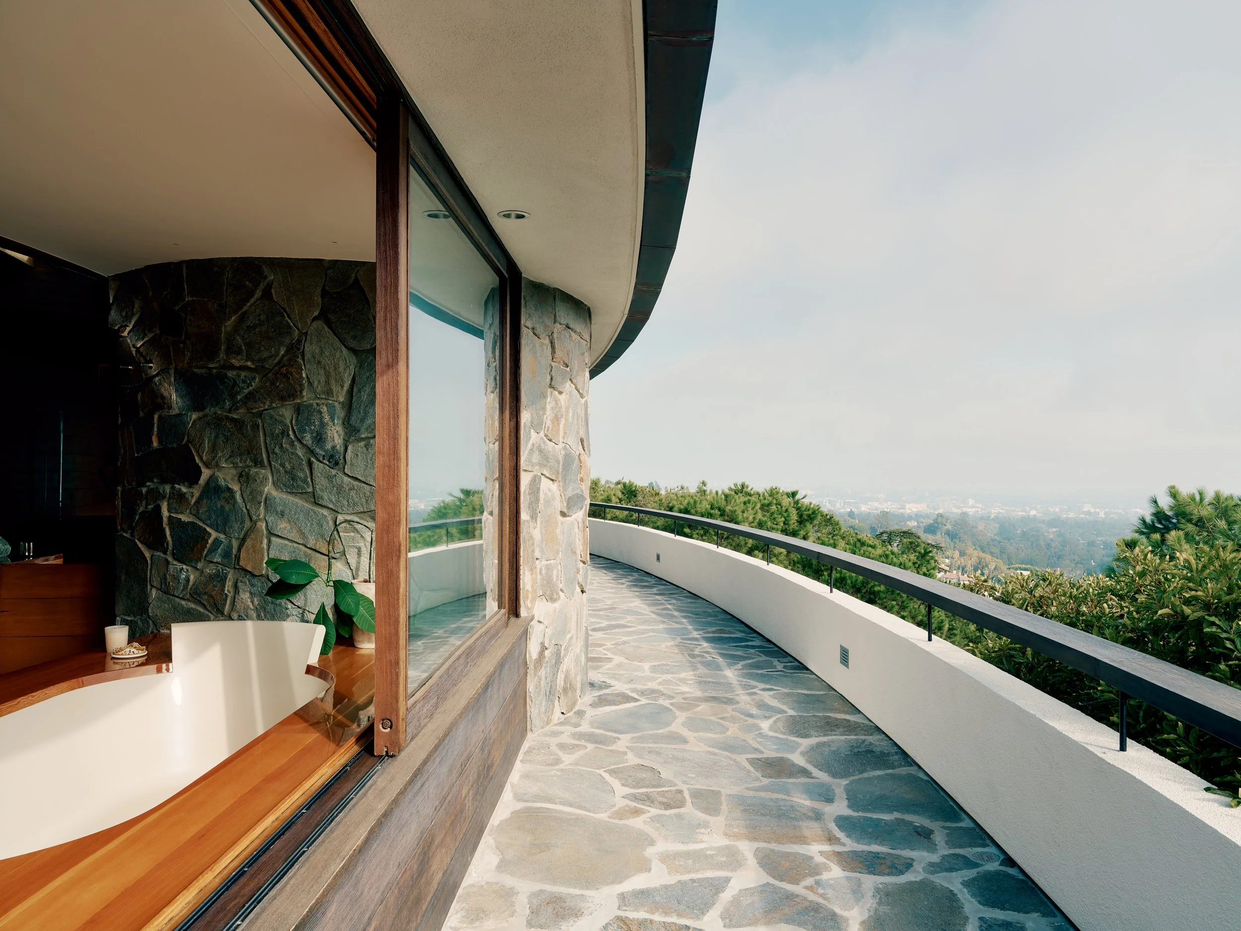 Upper Terrace View with Bouquet Canyon Stone and Wood Guardrail – Lautner Castle