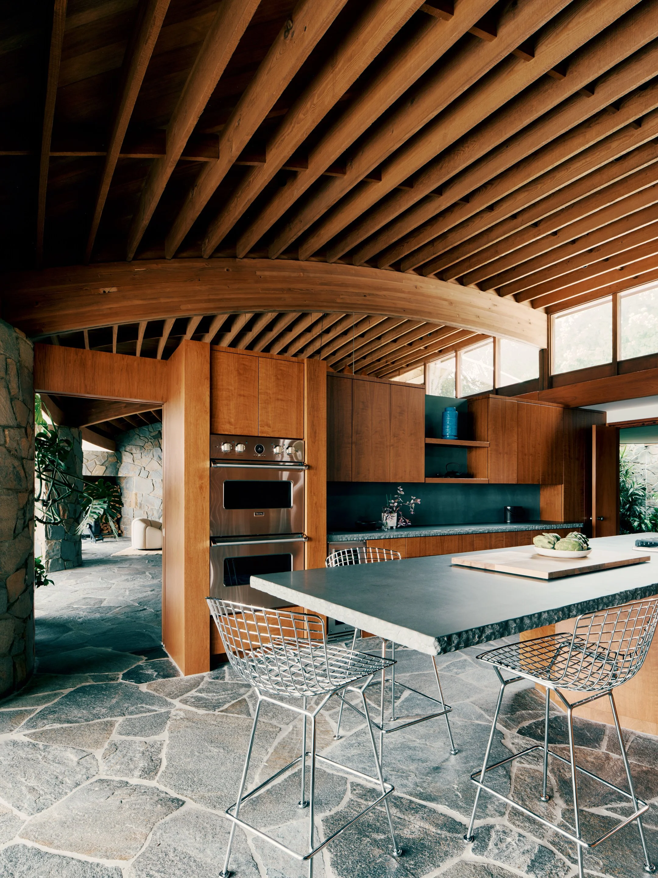Renovated Kitchen with Cantilevered Stone Island – Lautner Castle