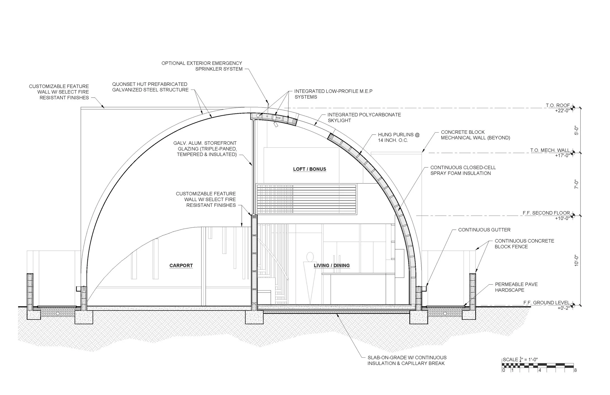 Cross-section architectural drawing of the Q2 house showing the arched shape of the quonset system enclosing the double-height living space and adjacent carport.