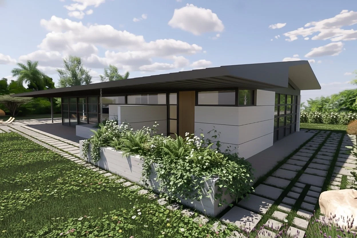 Exterior detail of the Palisades Case Study 2.0 home: continuous steel roof wrapping to form protective eaves and strengthen indoor-outdoor flow – Conner & Perry Architects