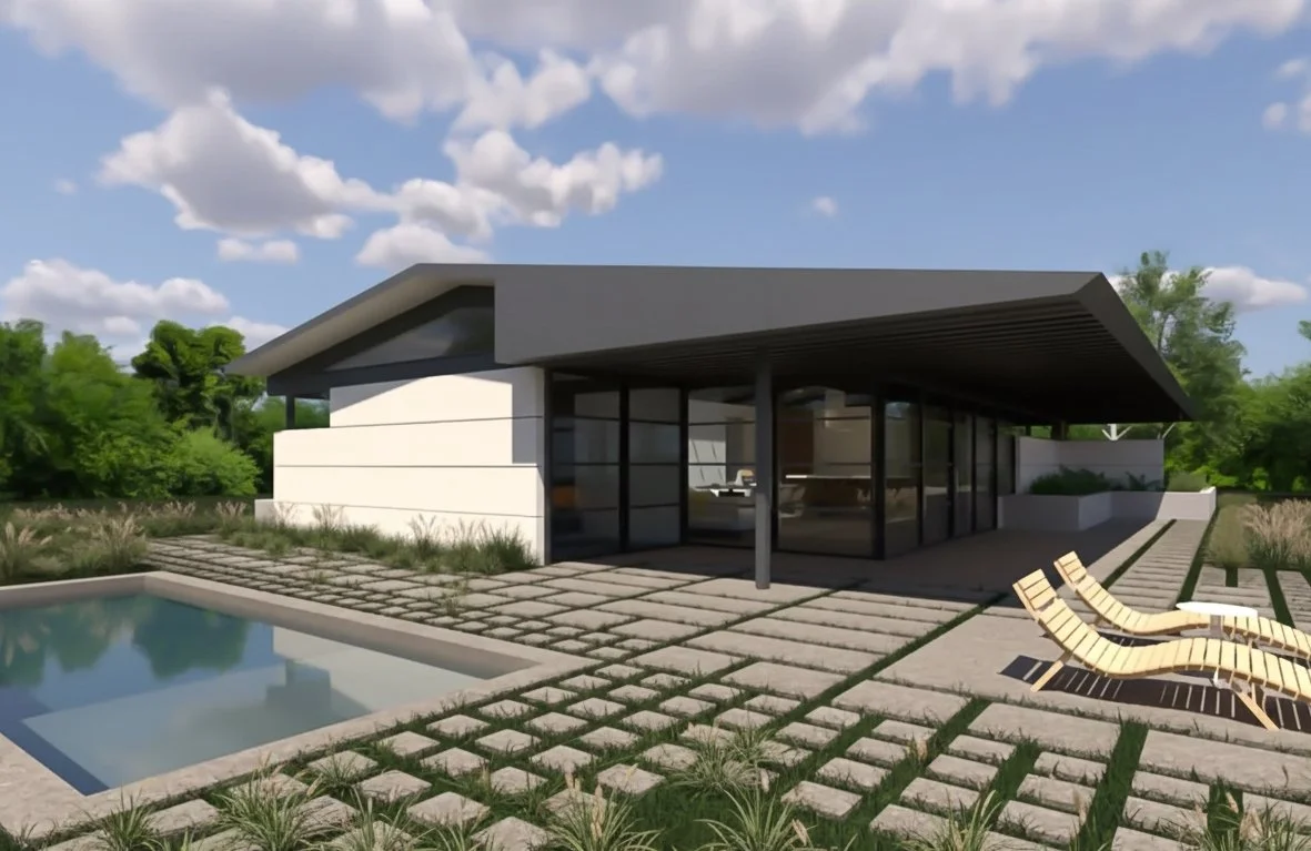 exterior perspective of the Palisades Case Study 2.0 fire-rebuild residence, highlighting the innovative long wrapping steel roof system that extends and folds to form the underside of deep protective eaves, promoting seamless integration