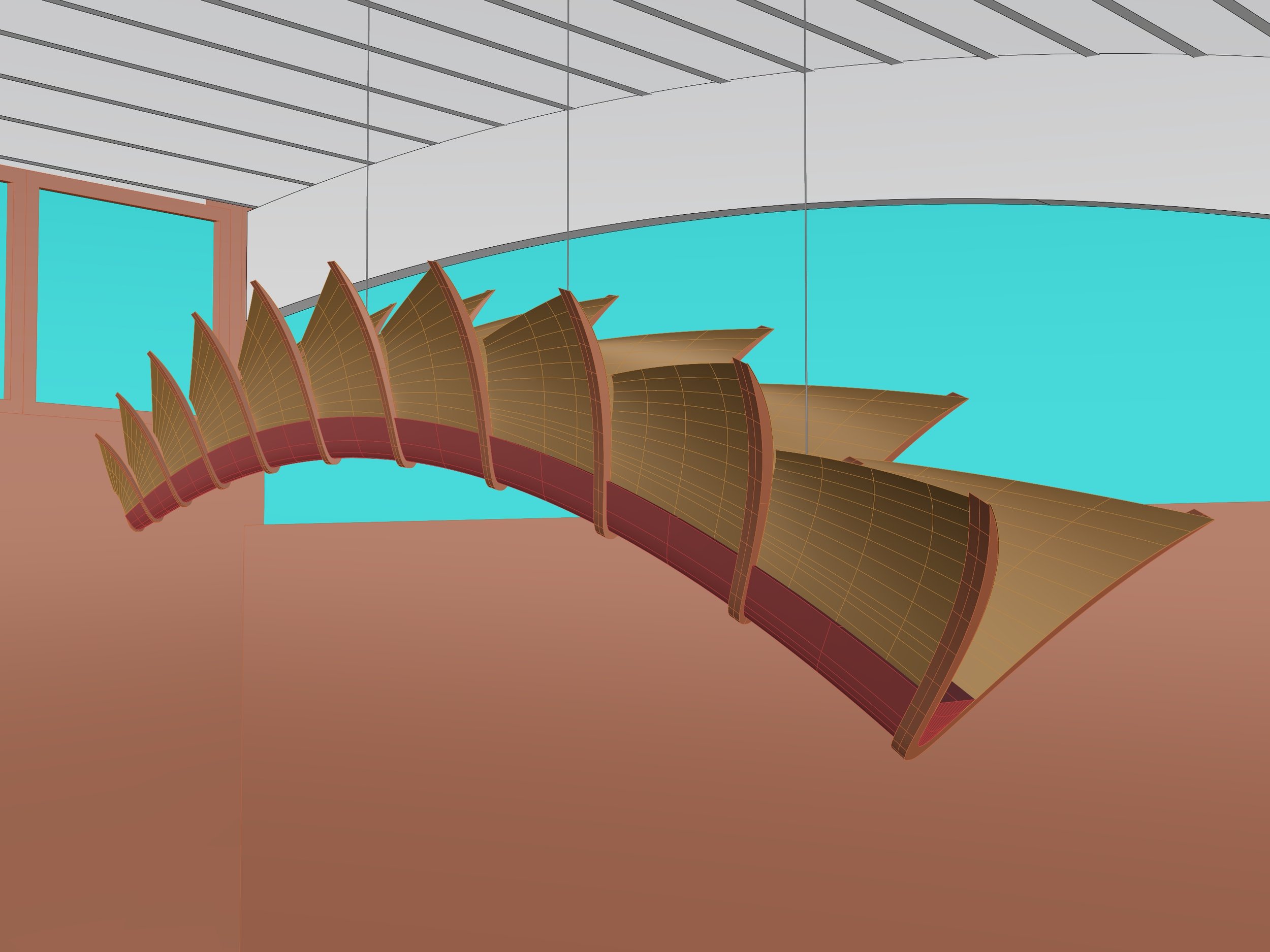 3D digital CAD model showing the parametric layout of single-ply wood fins for the Dragon chandelier.