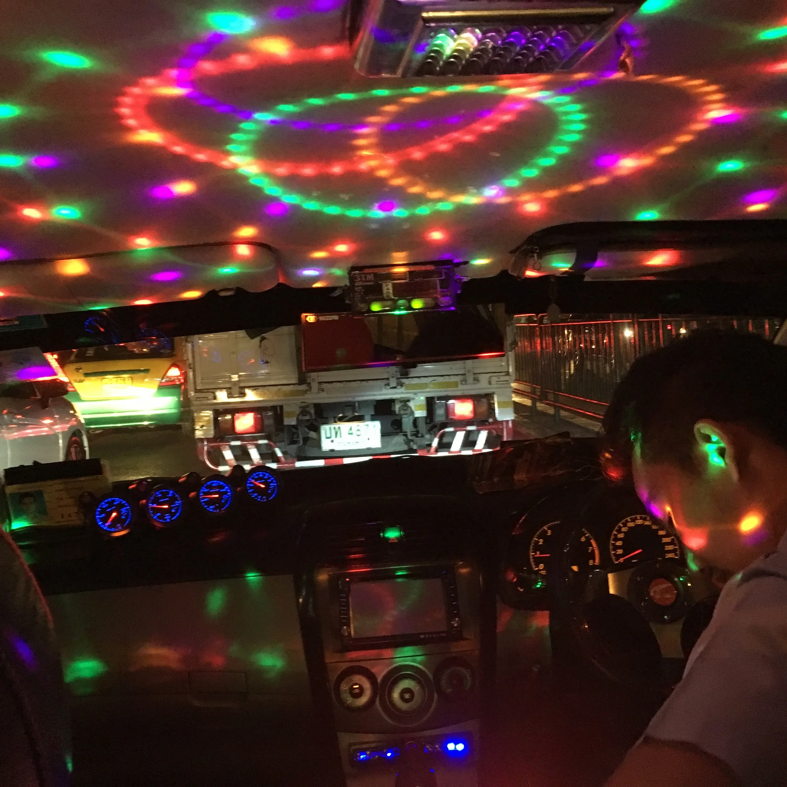 This was the inside of a taxi we took. Complete with disco lights, disco ball, and music turned up ALL the way. Man it was loud!