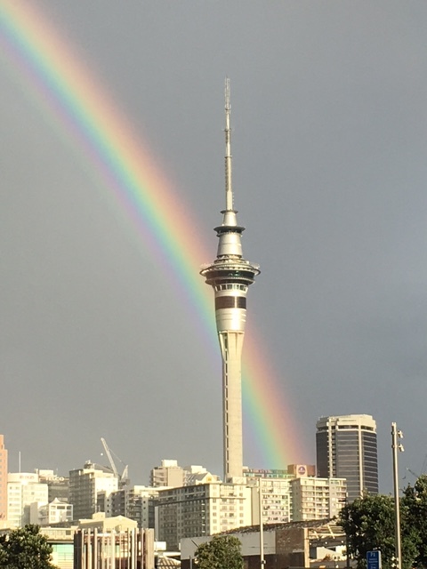 Afternoon showers yielded a beautiful rainbow over the central business district of Auckland.