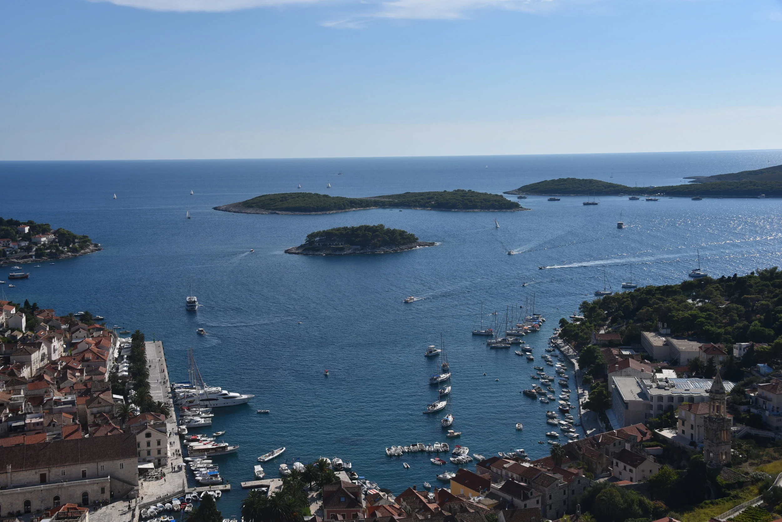 View from the Fortress Spanjola overlooking Hvar Town. The promenade is on the left. Our sailboat is tied up to a mooring ball on the right somewhere. 