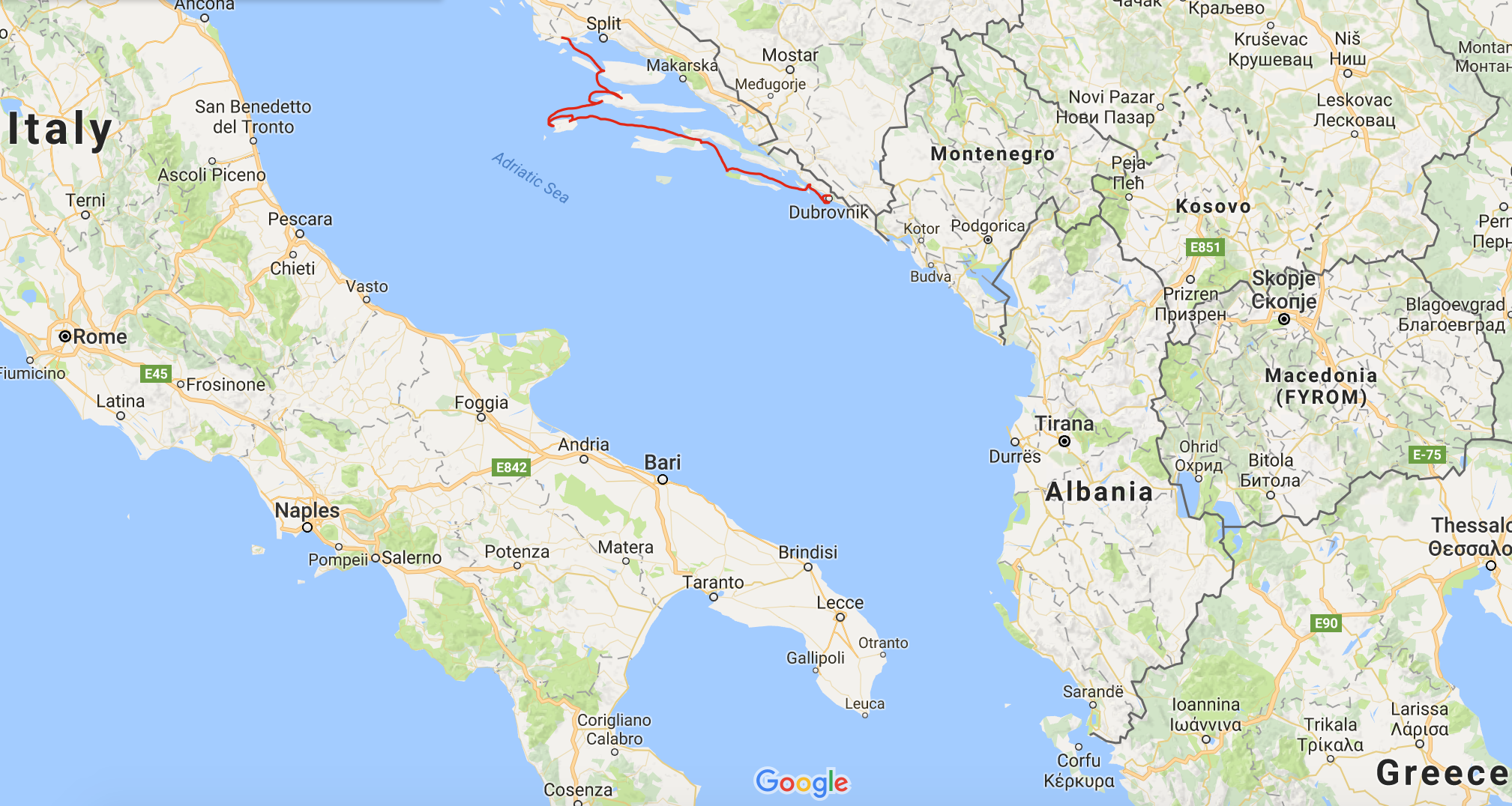 High level view of our sailing route (with geographical context of Italy and Greece).