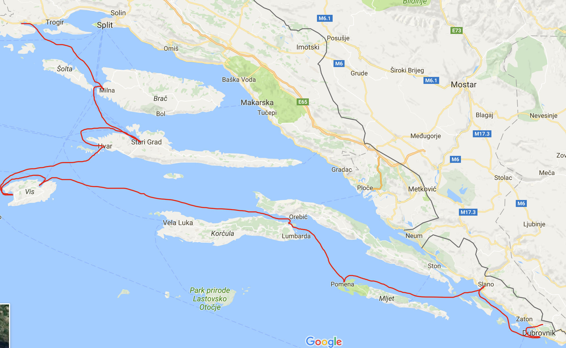 Zooming in to more closely see the route we took. This is not our actual navigated route. This is just an illustration I drew with my mouse.