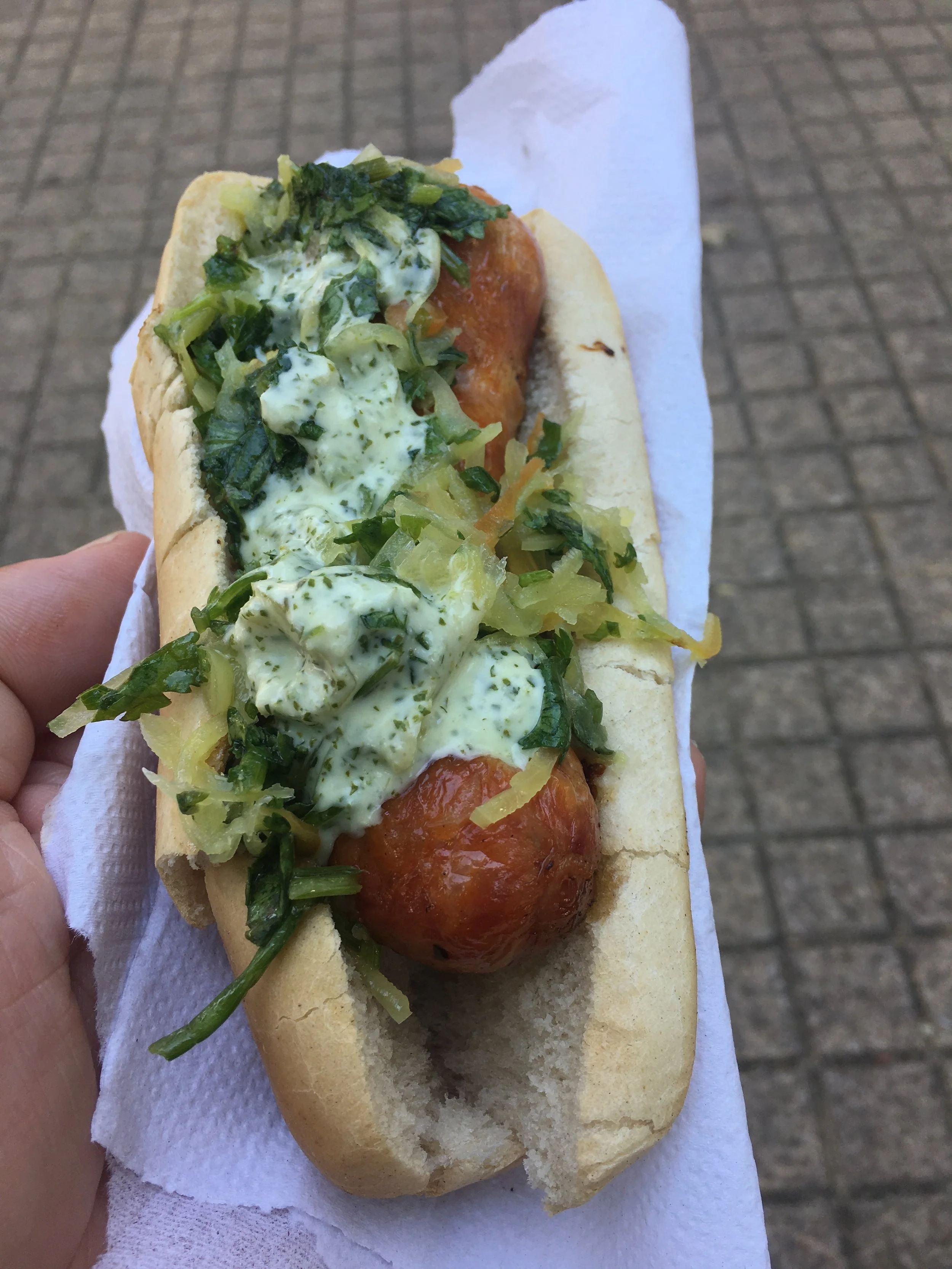 A staple food in Chillan - a choripan with all the trimmings.