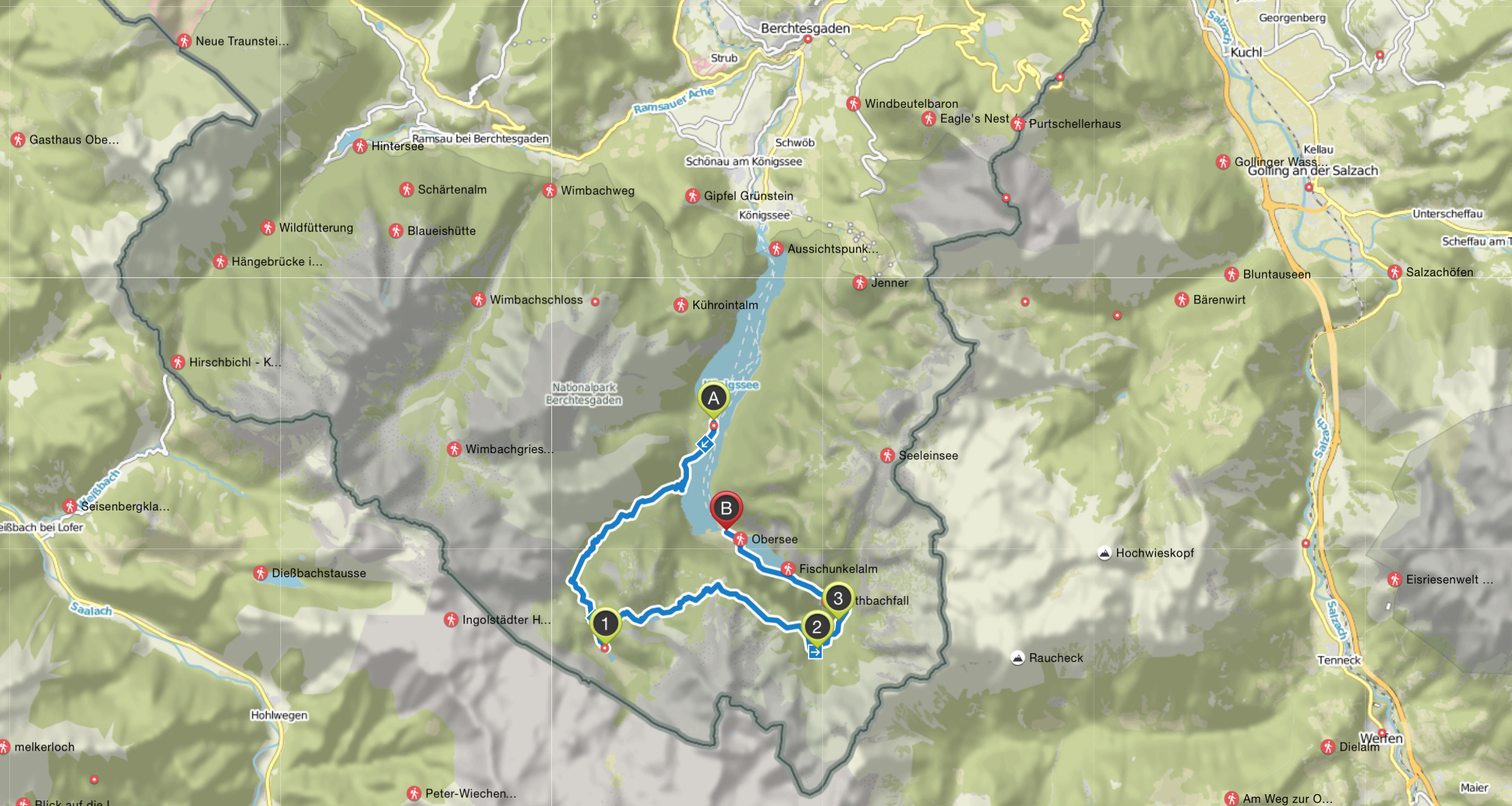 Zoomed-out view of our two-day hike in the Bavarian Alps.