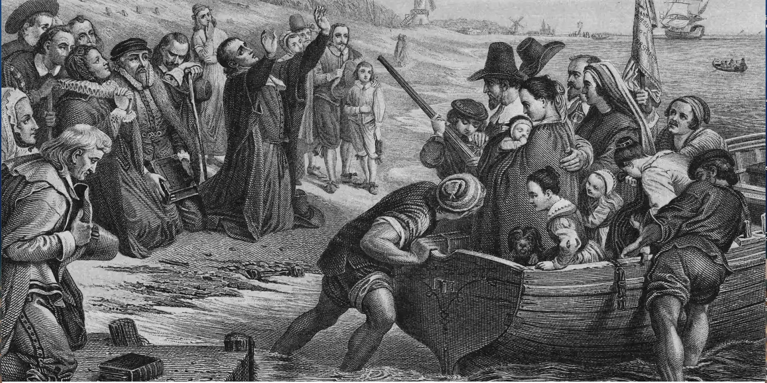 English separatist Puritans leaving the Netherlands to colonize Turtle Island in 1620 by C.W. Cope (1856).