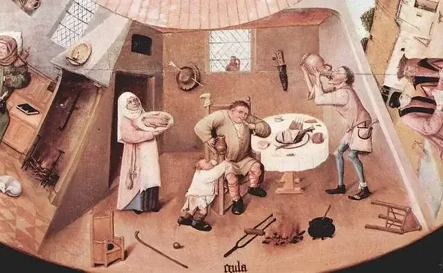 Gluttony depicted by artist Hieronymus Bosch (c. 1500). In it, a fat man eats at a messy table, in a dishevelled room, while ignoring his fat child.