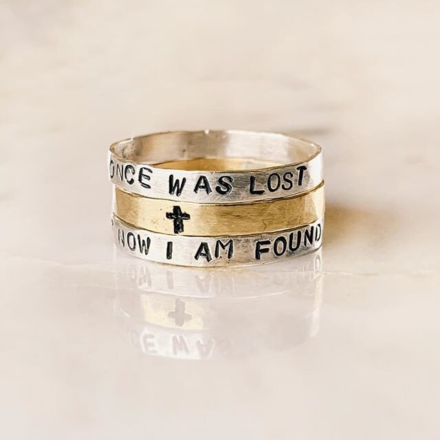 Love this custom stacking ring set one of our customers created! 💕
&bull;
&bull;
&bull;
#stackingrings #ringset #ioncewaslost #amazinggrace #easterbasket #eastergift #christisrisen #goodfriday #christianfashion #shewritestruth #worship #handmadejewe