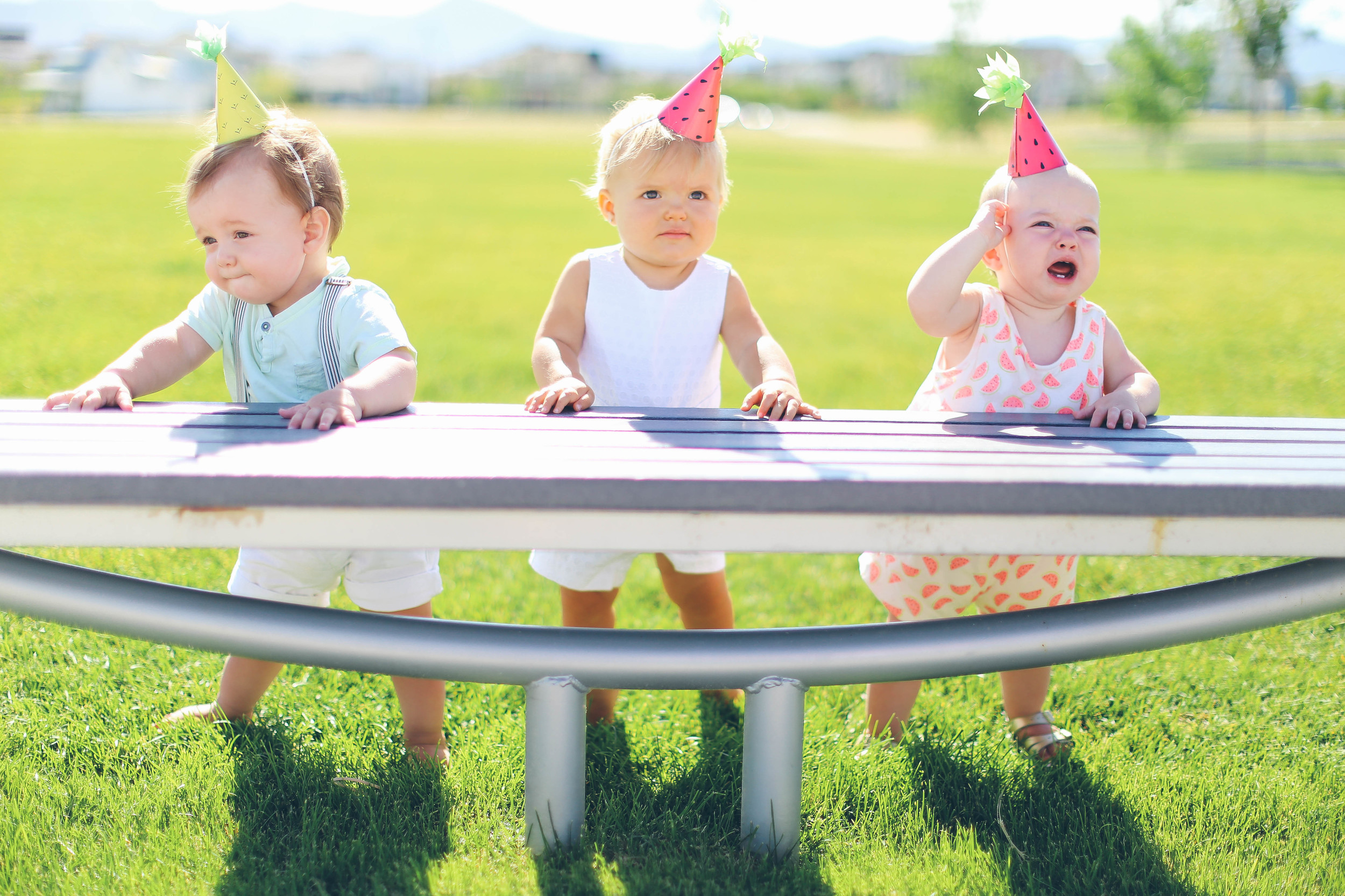 Jackson, Nora, & Lucy: The most adorable 1 year old buddies around! Photo by Liz Williams Party hats were inspired by the lovely Studio DIY created by Lauren, the fabulous graphic designer. She & I iced the cookies and assembling the cute hats a few nights before. Prepping in advance is essential for a stress free party! 