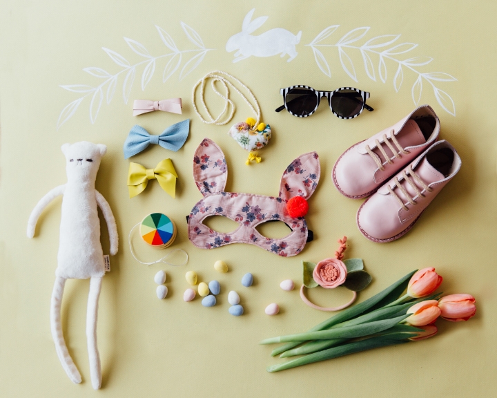 Artwork: Whitney Perdue Designs, Bear: Common-folk , Floral Headband: Fancy Free Finery , Leather bows: Fourth and Pierce , Fabric Bunny Mask/Necklace: Two Els , Shoes: Zimmerman Shoes , Sunglasses: Gap, Yo-Yo: Fawn Shoppe , Styling: Mari Spiker