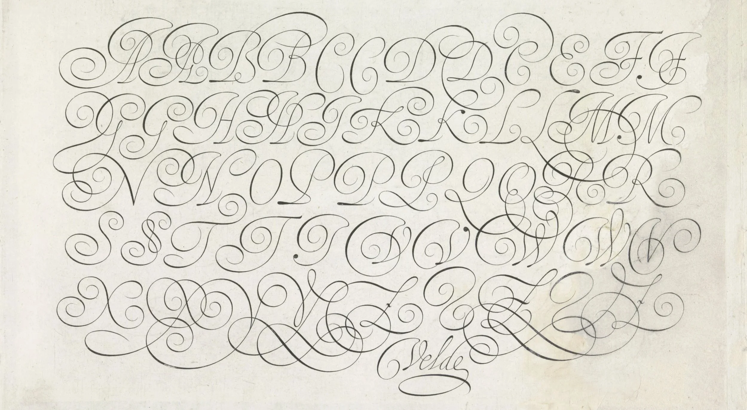 An image of an engraved page from the Rijksmuseum collection shows Van de Velde's exemplar for Italian flourished capital letterforms included in Spieghel der Schrijfkonste (Mirror of the Art of Writing), presumably engraved by Simon Frisius