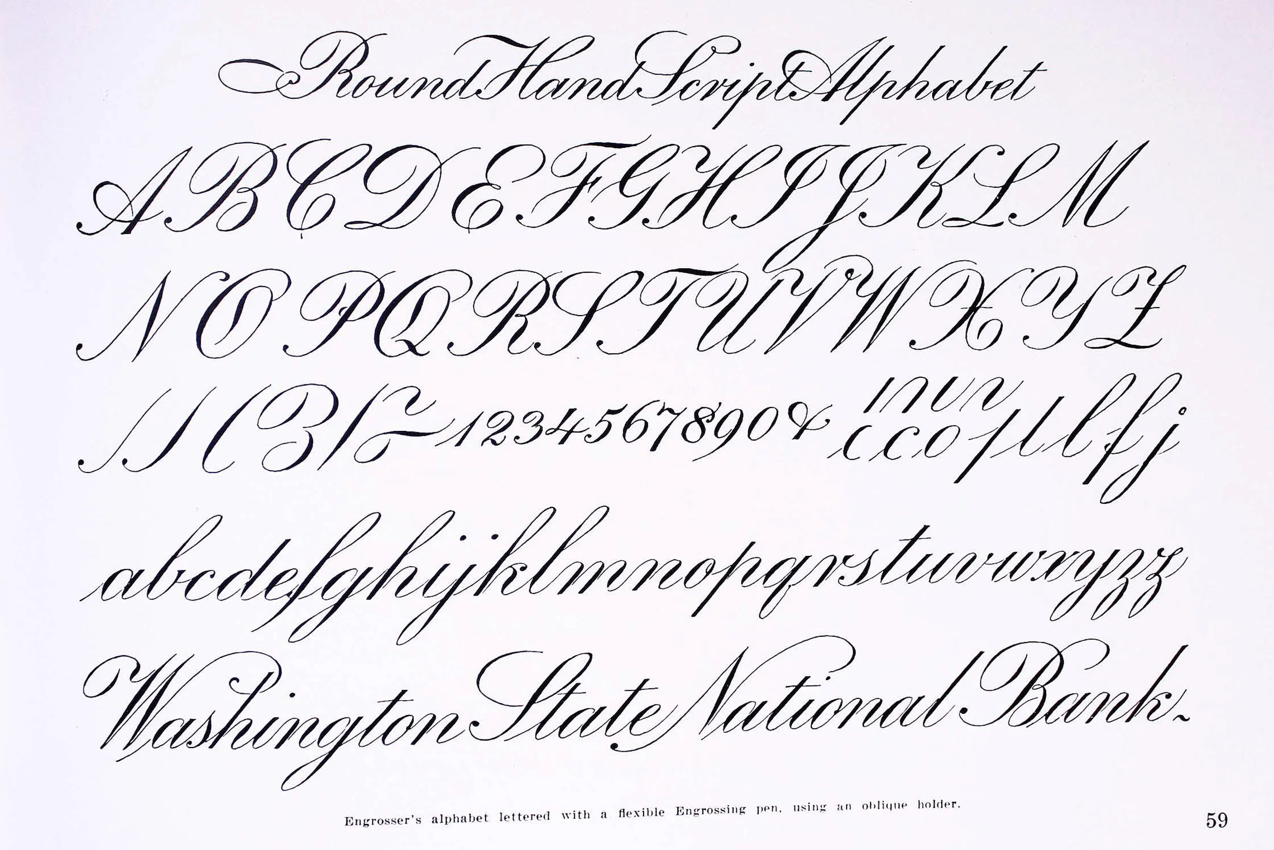 Speedball Textbook 11th edition (1929) p.59 with the full Round Hand Script Exemplar plus the footer stating it was penned with a flexible Engrossing pen using an oblique holder. This image is care of Luc Devroye