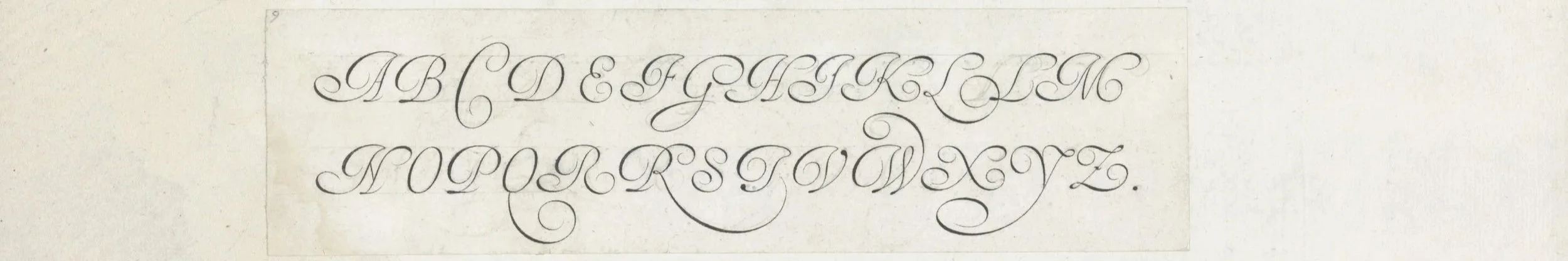 An image of an engraved page from the Rijksmuseum collection shows Van de Velde's exemplar for the capital Italian letterforms included in Spieghel der Schrijfkonste (Mirror of the Art of Writing), presumably engraved by Simon Frisius