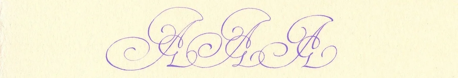 A variation of one of Van de Velde's capital A's is written three times in a row, with a pointed pen nib in a straight holder, a pointed pen nib in an oblique holder, and with a broad edge nib. All three letters are written with purple gouache