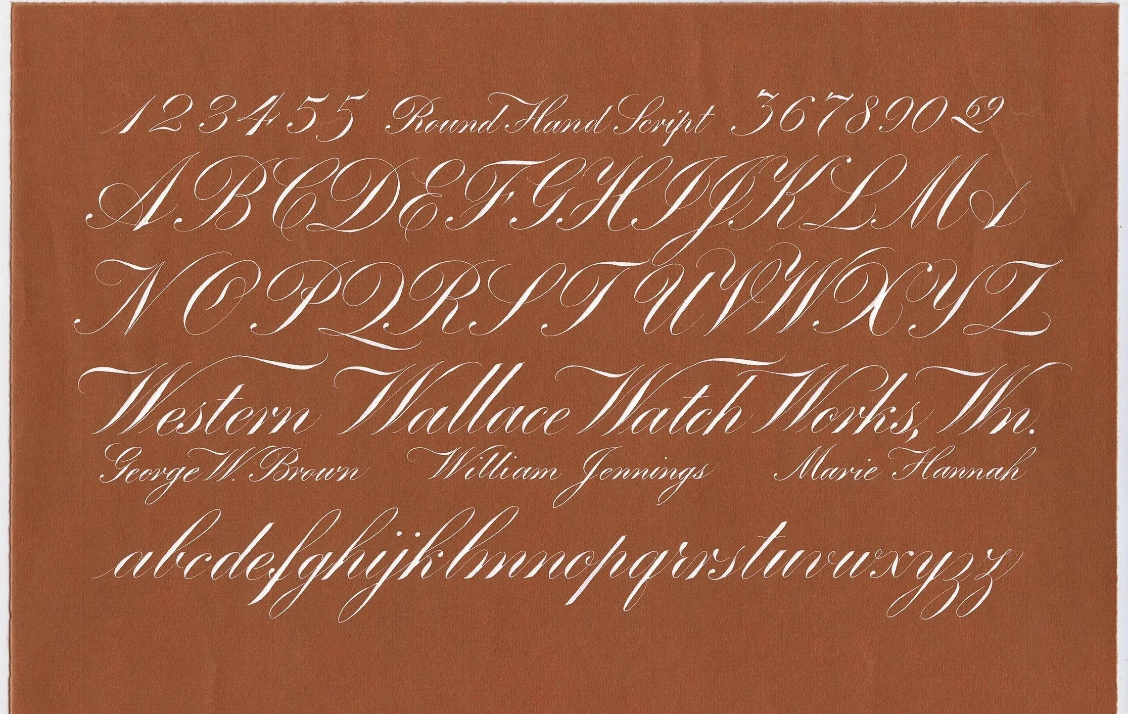 My copy of Ross F. George’s Round Hand Script (copperplate calligraphy) exemplar from the 13th edition of the Speedball Textbook, penned with a Hunt 101 nib and Dr. Ph. Martin’s bleedproof white ink on Fabriano Ingres paper