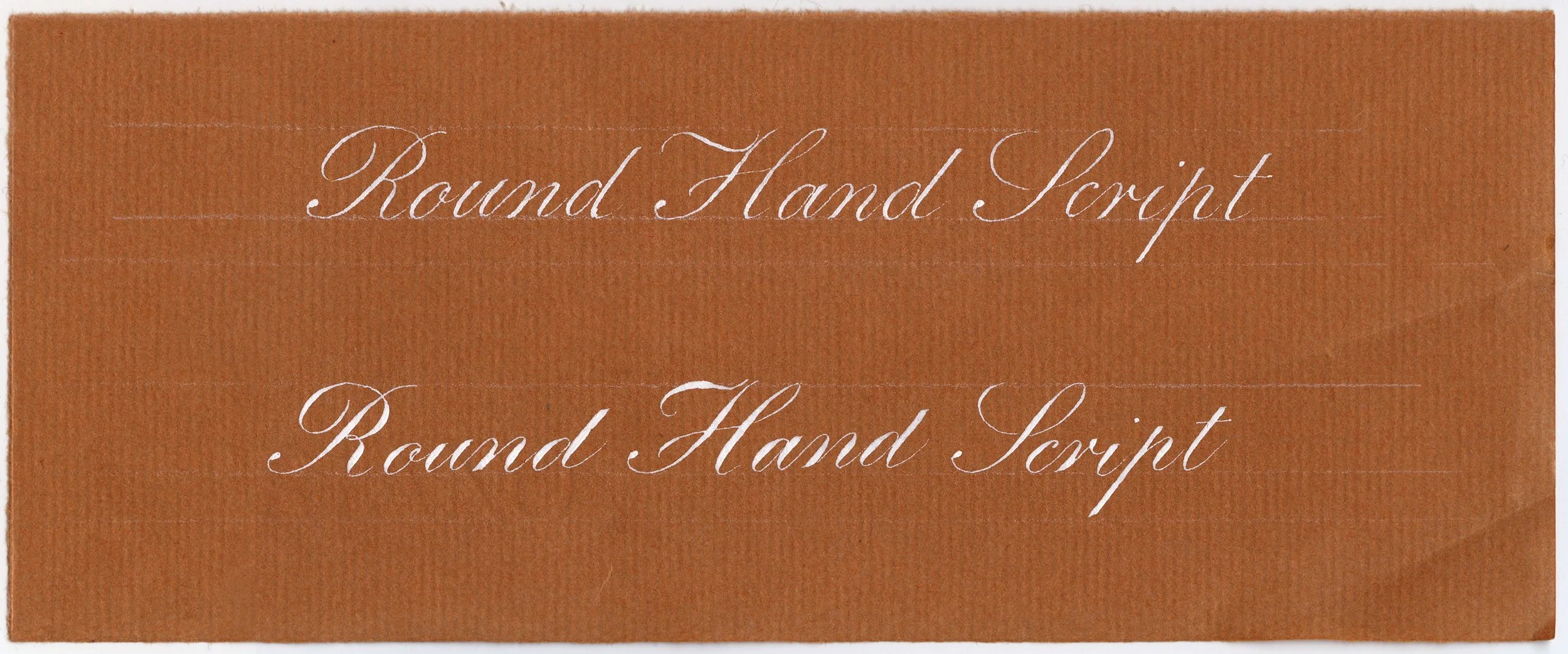 My copy of Ross F. George’s Round Hand Script (copperplate calligraphy) exemplar page title from the 13th edition of the Speedball Textbook, penned with a C-6 and a Hunt 101 nib with Dr. Ph. Martin’s bleedproof white ink on Fabriano Ingres paper