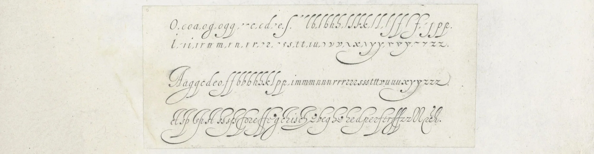 An image of an engraved page from the Rijksmuseum collection shows Van de Velde's exemplar for the lowercase Italian letterforms included in Spieghel der Schrijfkonste (Mirror of the Art of Writing), presumably engraved by Simon Frisius