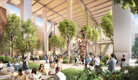 Rendering of the Urban Room on the ground level open space. &nbsp;Image:&nbsp;Foster +Parntersheller Manus.