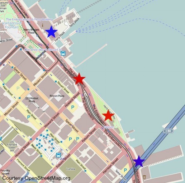 Blue star: Ferry Building, two red stars are perfect viewing spots.