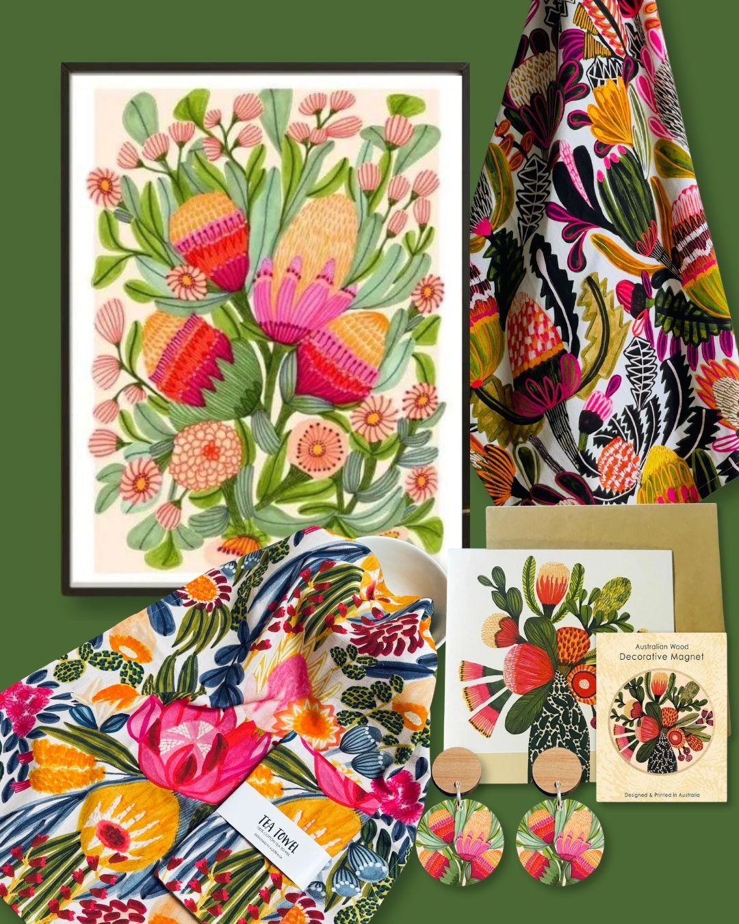 Looking for meaningful art and gifts that ticks all the boxes? ✔️
⠀⠀
Here&rsquo;s a closer look at some of out most loved botanical pieces 😍
⠀⠀
🌿 Protea &amp; Gum Blossom art print (archival quality, Australian flora inspired)
🌿 Matching earrings 