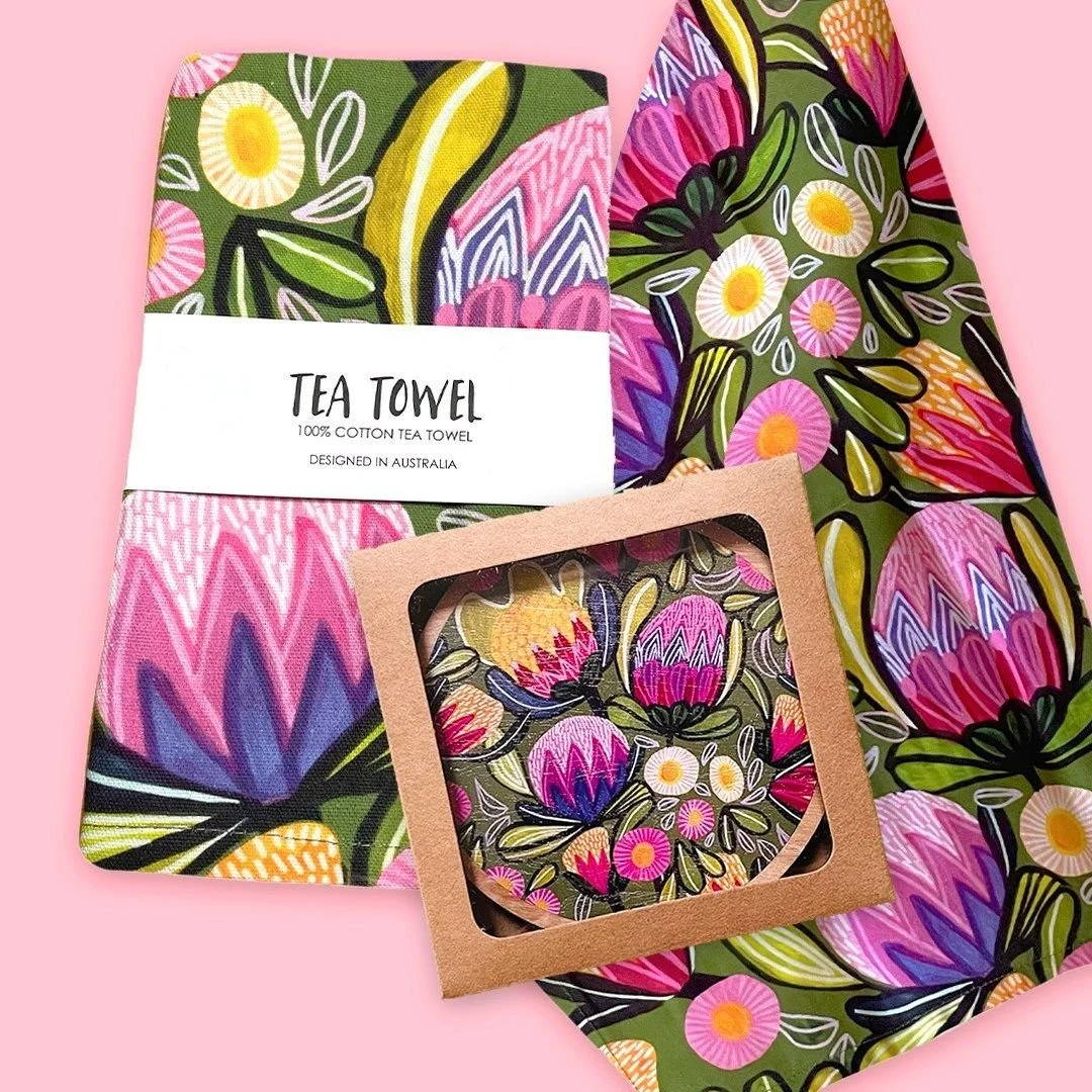 Looking for kitchen decor that's modern, stylish, and unique?

Look no further than my Sugarbush Tea Towels &amp; Wooden Coasters. These beautiful kitchen decor sets come with designer tea towels, wooden coasters and round frige magnets which have be