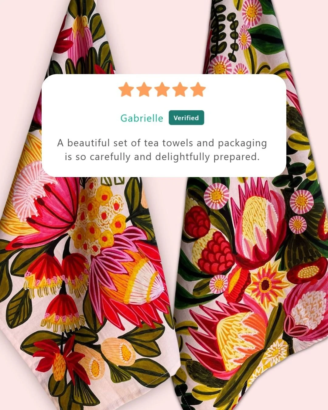 Just look at this glowing review! ⭐️⭐️⭐️⭐️⭐️
&ldquo;A beautiful set of details and packaging so carefully and delightfully prepared.&rdquo;

This customer chose the protea flora tea towel set &mdash; a duo of 100% cotton designer tea towels featuring