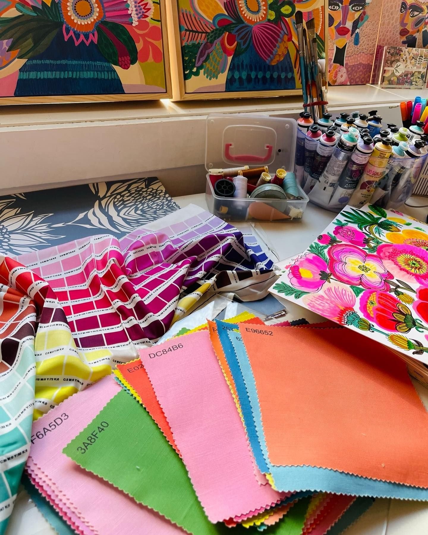 What my workplace often looks like. As an artist, illustrator and surface designer I am constantly switching between different projects and working with different mediums. It is always hard to carve out enough time to paint and create in between the 